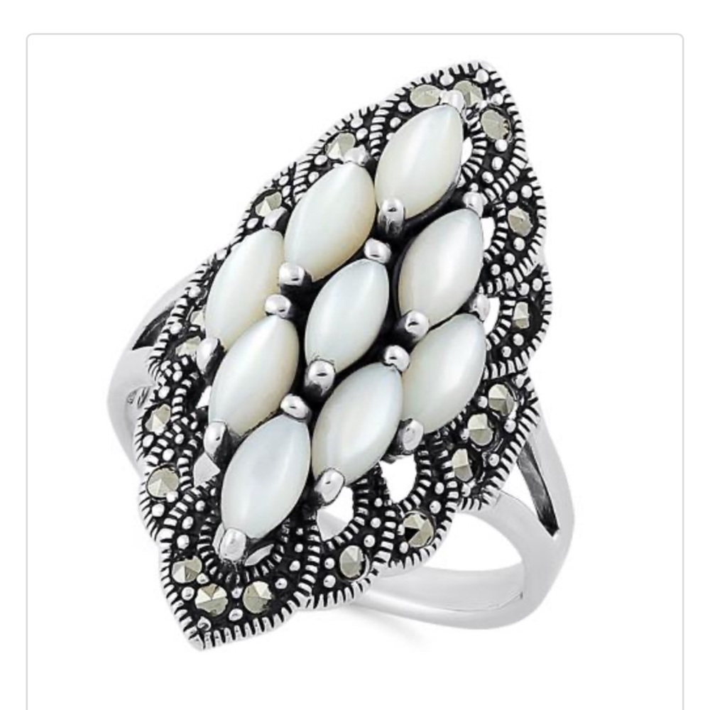.925 Silver Mother of Pearl & Marcasite Rings 6 Pk